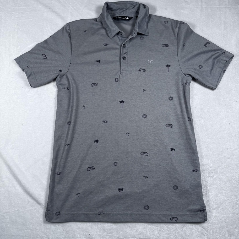 TravisMathew Polo Shirt Mens Small Gray Allover Print‎ Golf Vacation Resort